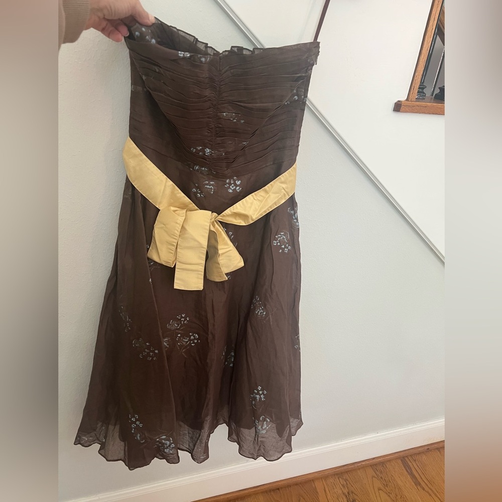 Anthropologie Brown Floral Dress with Gold Accents